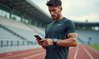 Jeune athlète urbain vérifiant sa smartwatch en extérieur