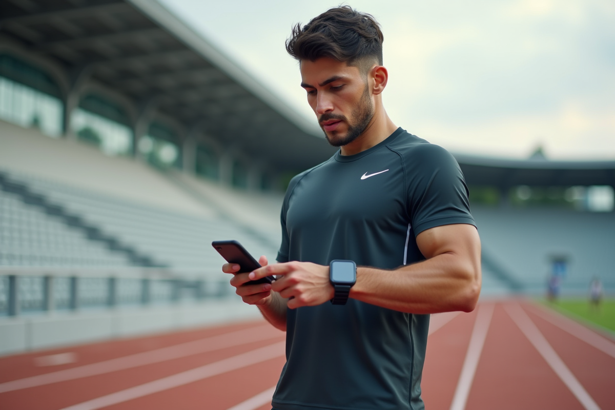 Jeune athlète urbain vérifiant sa smartwatch en extérieur