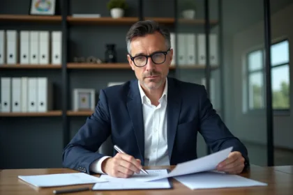 Auditeur financier homme en bureau moderne avec documents