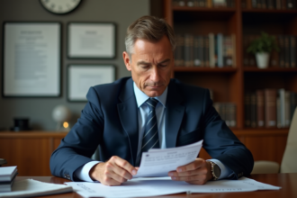 Avocat d'âge moyen examinant des documents juridiques