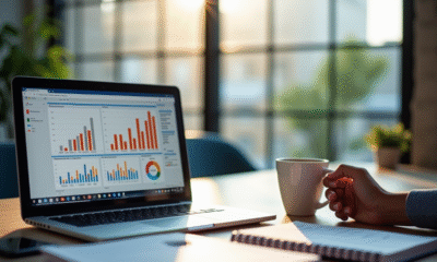 Bureau moderne avec ordinateur affichant un tableau analytique