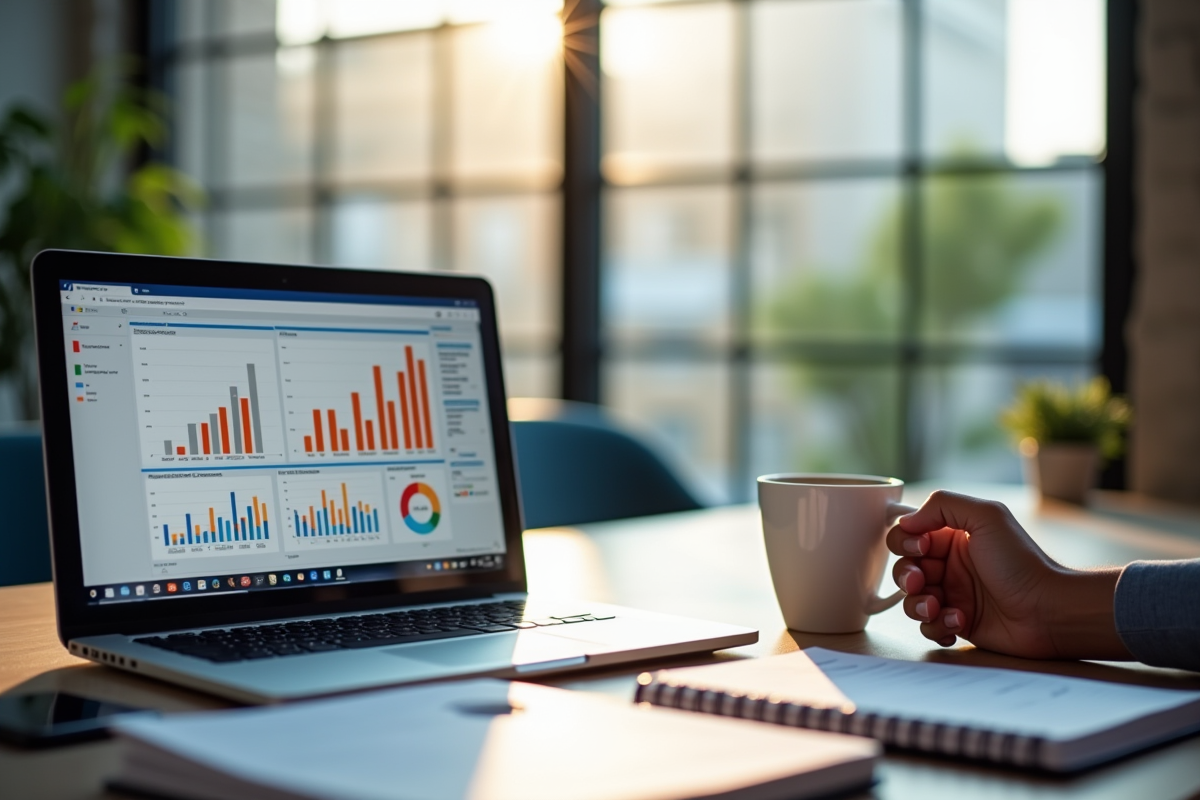 Bureau moderne avec ordinateur affichant un tableau analytique