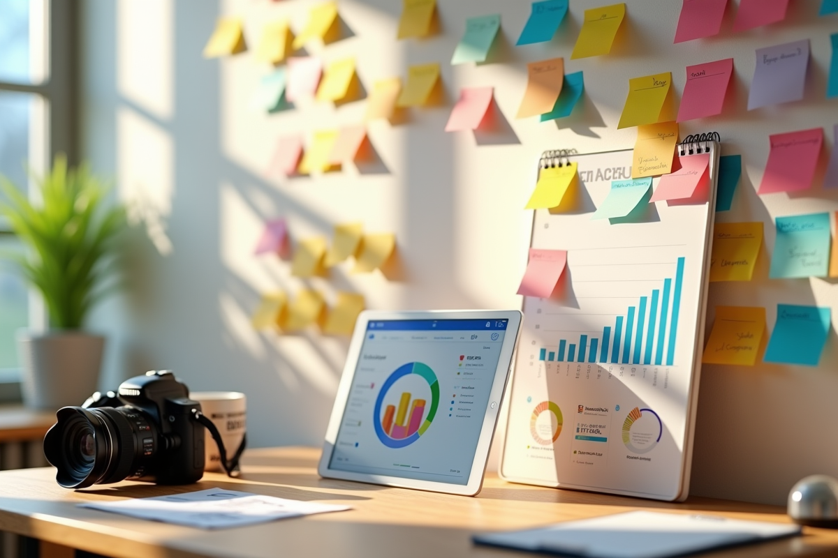 Bureau à domicile avec calendrier et analyse social media