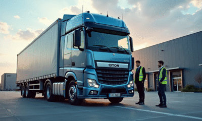 Camion logistique moderne de 13 tonnes devant un entrepôt