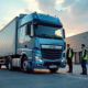 Camion logistique moderne de 13 tonnes devant un entrepôt