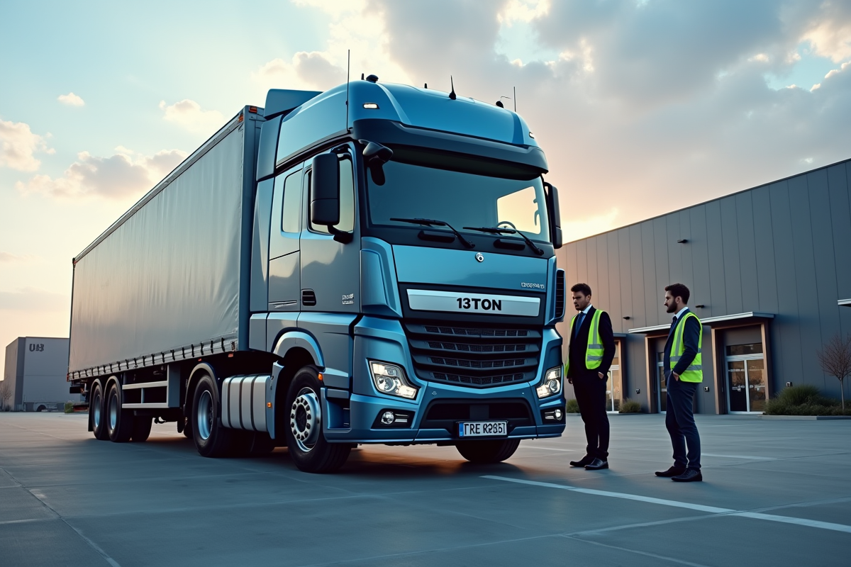 Camion logistique moderne de 13 tonnes devant un entrepôt
