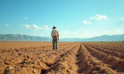 Champ agricole sec sous un ciel bleu avec un fermier inquiet