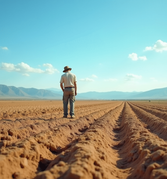 Champ agricole sec sous un ciel bleu avec un fermier inquiet