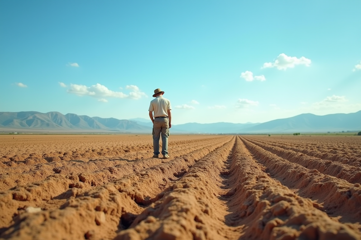 Champ agricole sec sous un ciel bleu avec un fermier inquiet