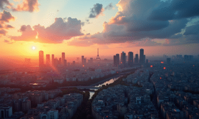 Ciel de Paris au lever du soleil avec La Defense en arrière-plan