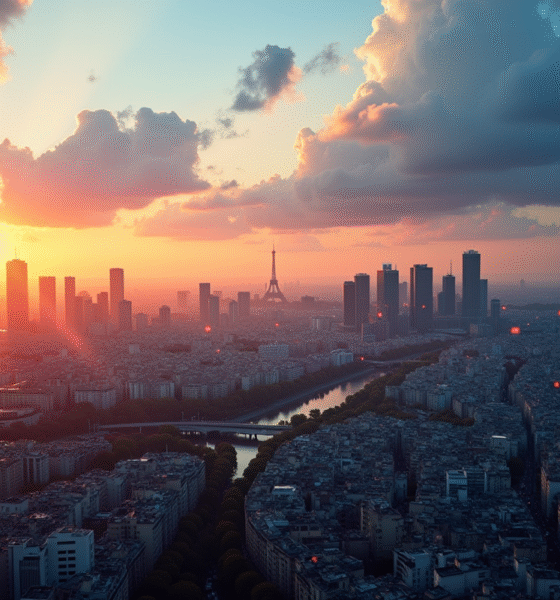 Ciel de Paris au lever du soleil avec La Defense en arrière-plan