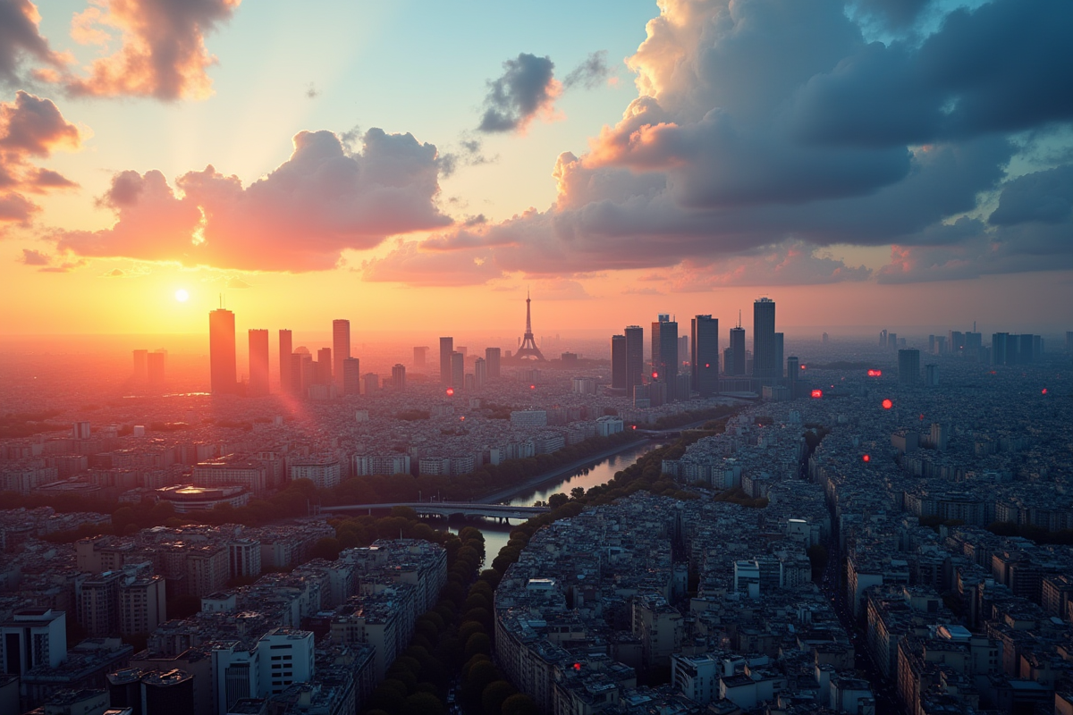 Ciel de Paris au lever du soleil avec La Defense en arrière-plan