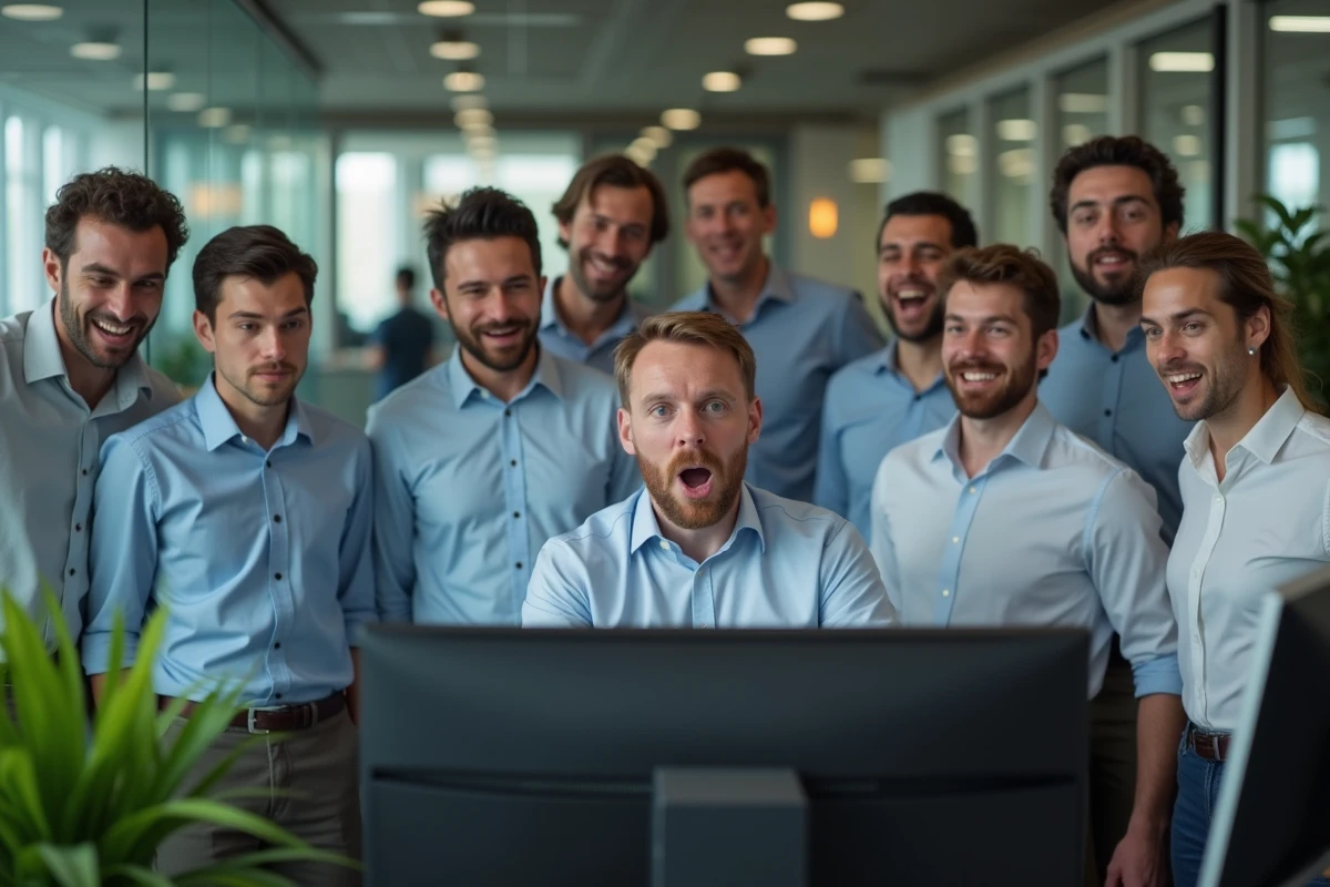 Groupe de collègues regardant une video virale au bureau