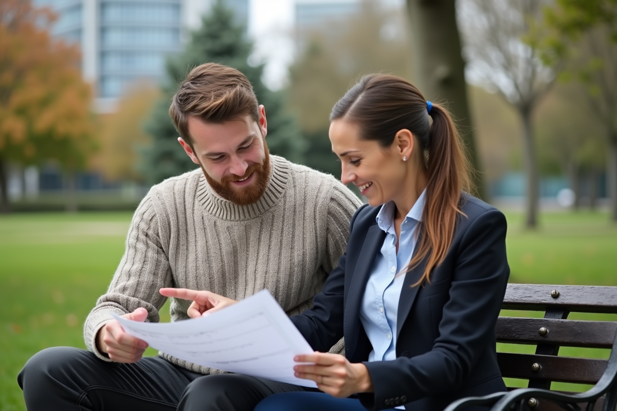 Deux collègues discutant sur un banc dans un parc urbain