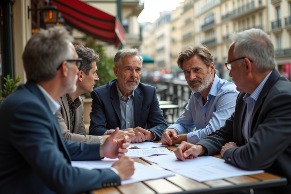 Groupe multigeneration discute autour de documents du code du travail en terrasse