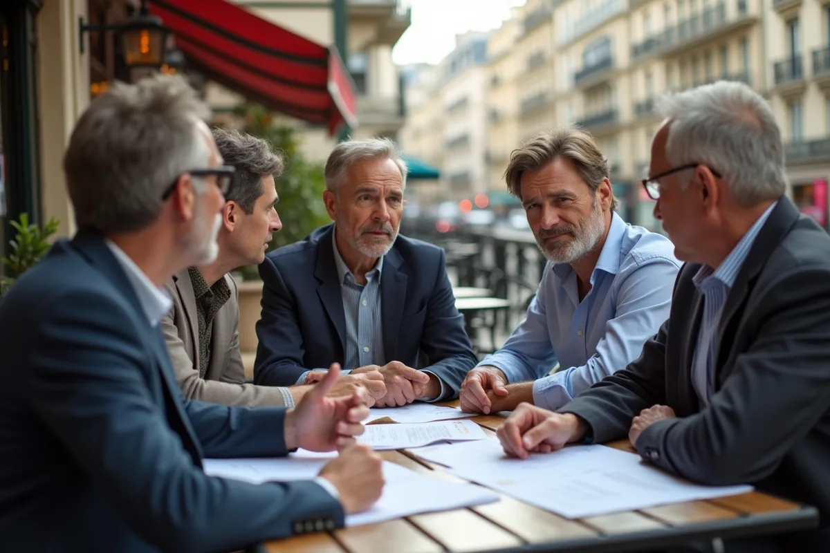 Groupe multigeneration discute autour de documents du code du travail en terrasse