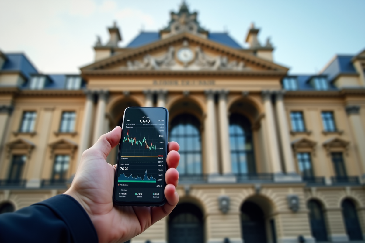 Main d’un professionnel tenant un smartphone avec graphique CAC 40