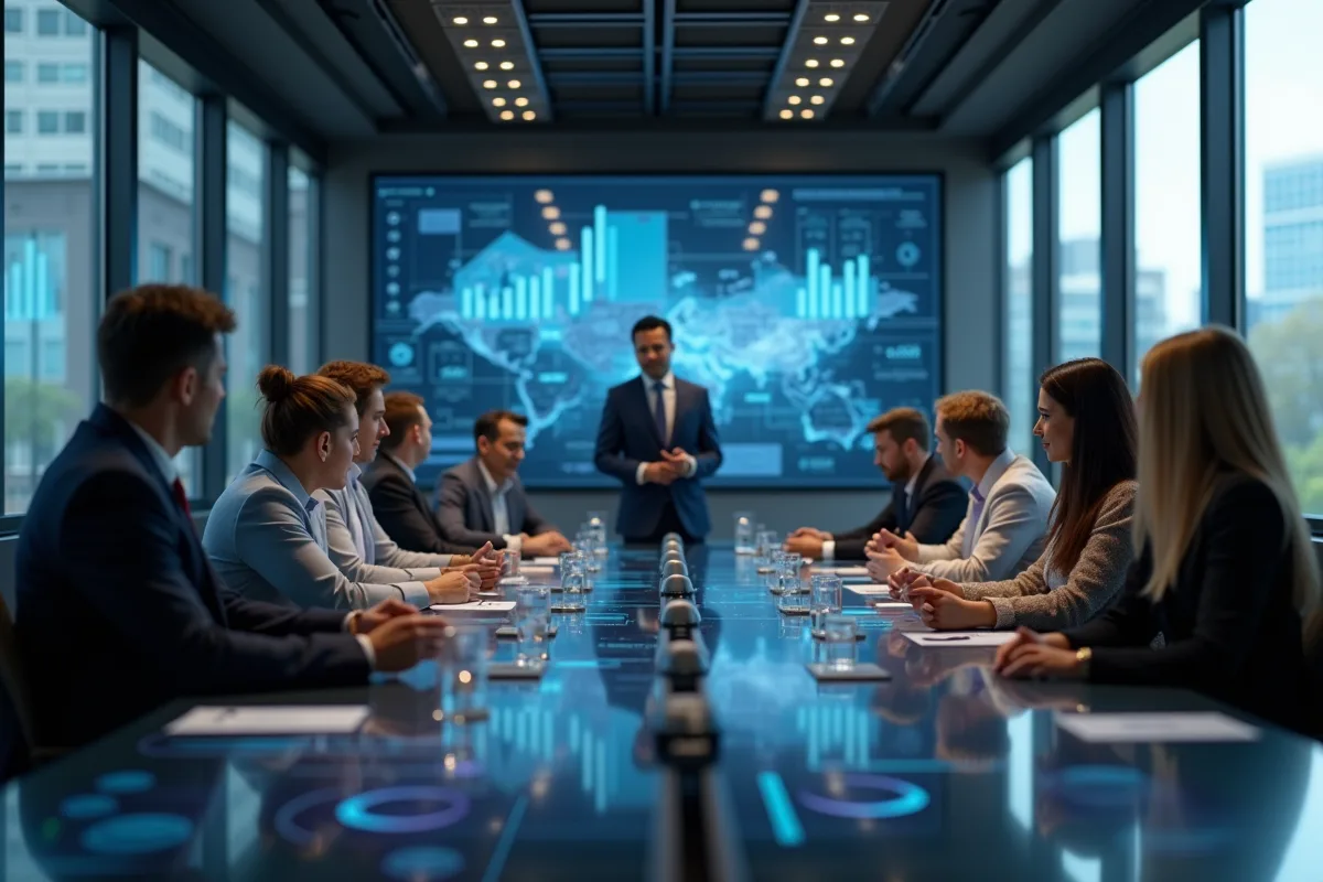 Groupe diversifié en réunion avec visualisations de données