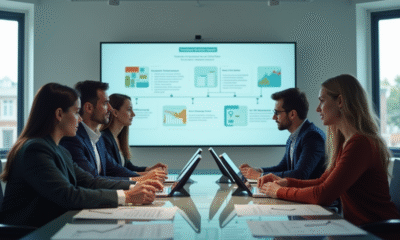 Groupe de professionnels discutant autour d'une table avec un diagramme en arrière-plan