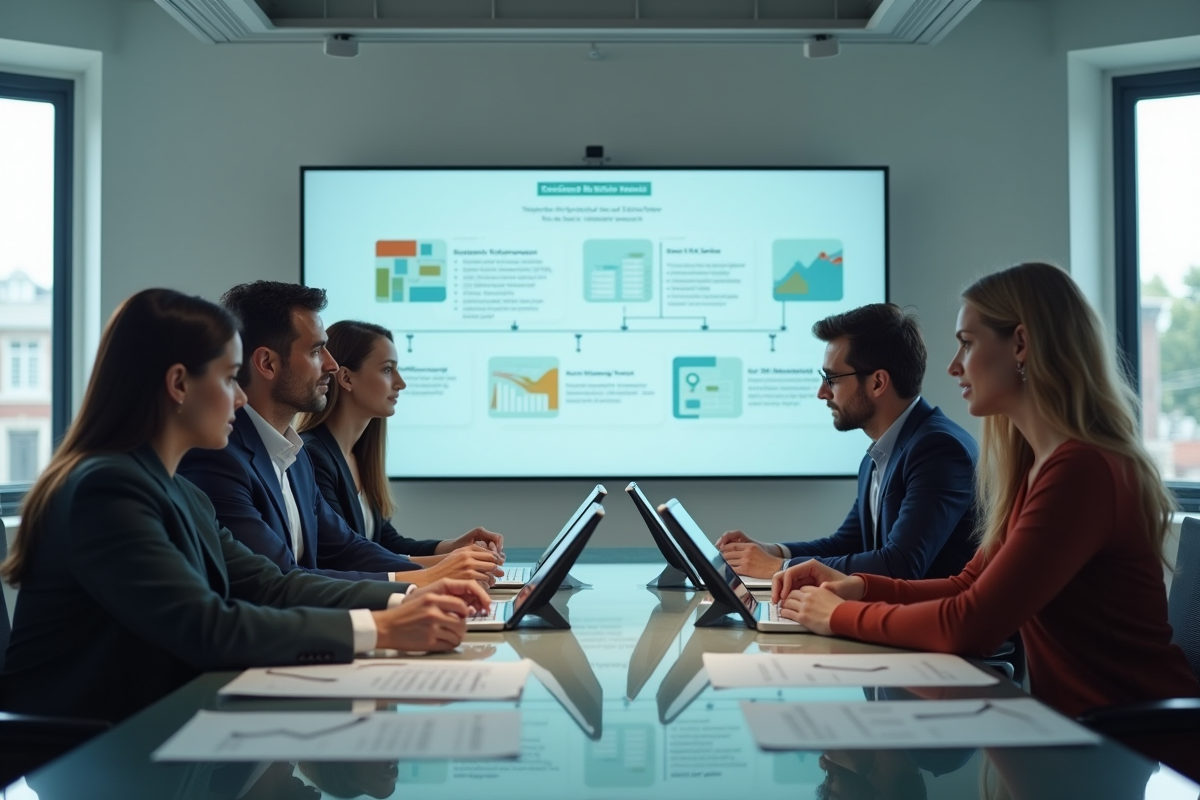 Groupe de professionnels discutant autour d'une table avec un diagramme en arrière-plan