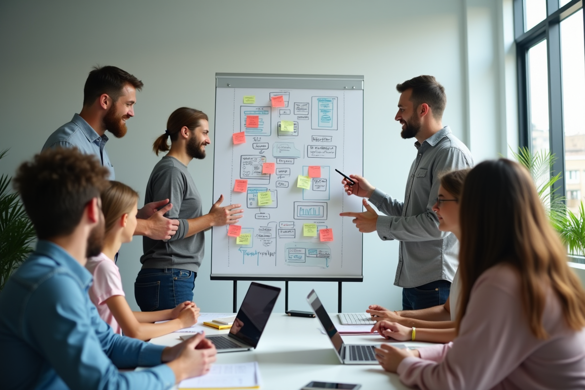 Equipe diverse en réunion avec tableau d idees marketing