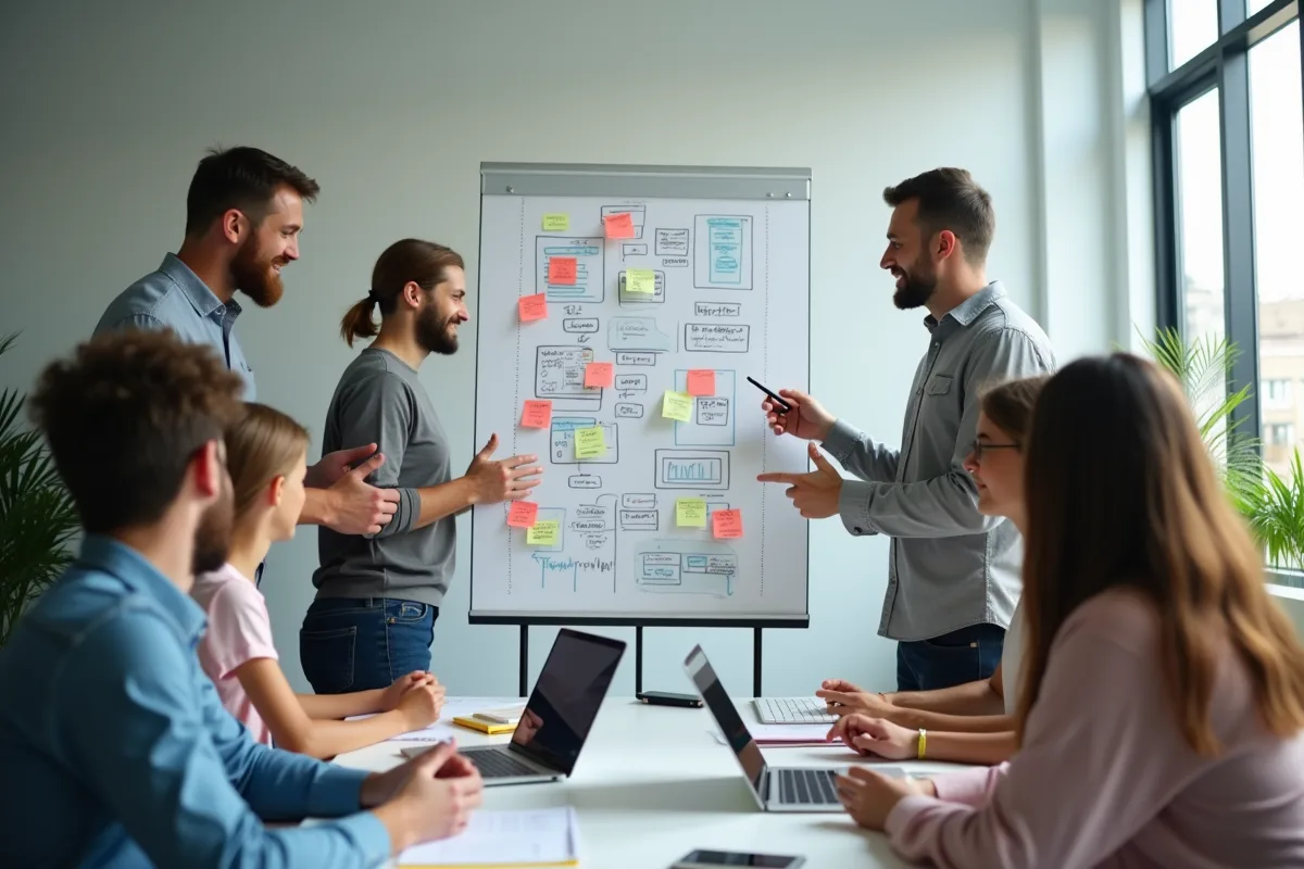 Equipe diverse en réunion avec tableau d idees marketing