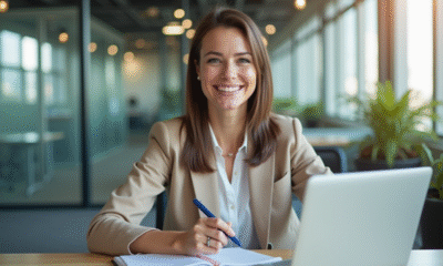 Femme confiante au bureau en pleine réflexion