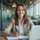 Femme confiante au bureau en pleine réflexion