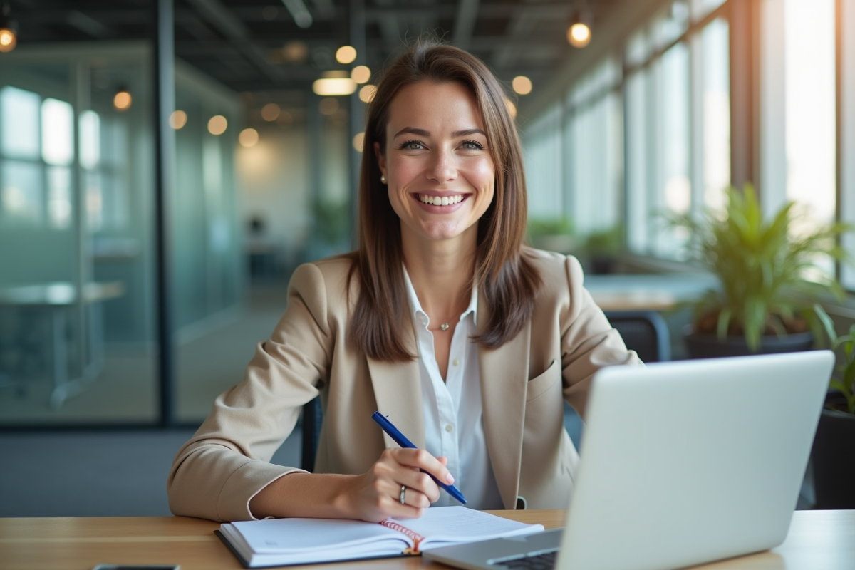 Femme confiante au bureau en pleine réflexion