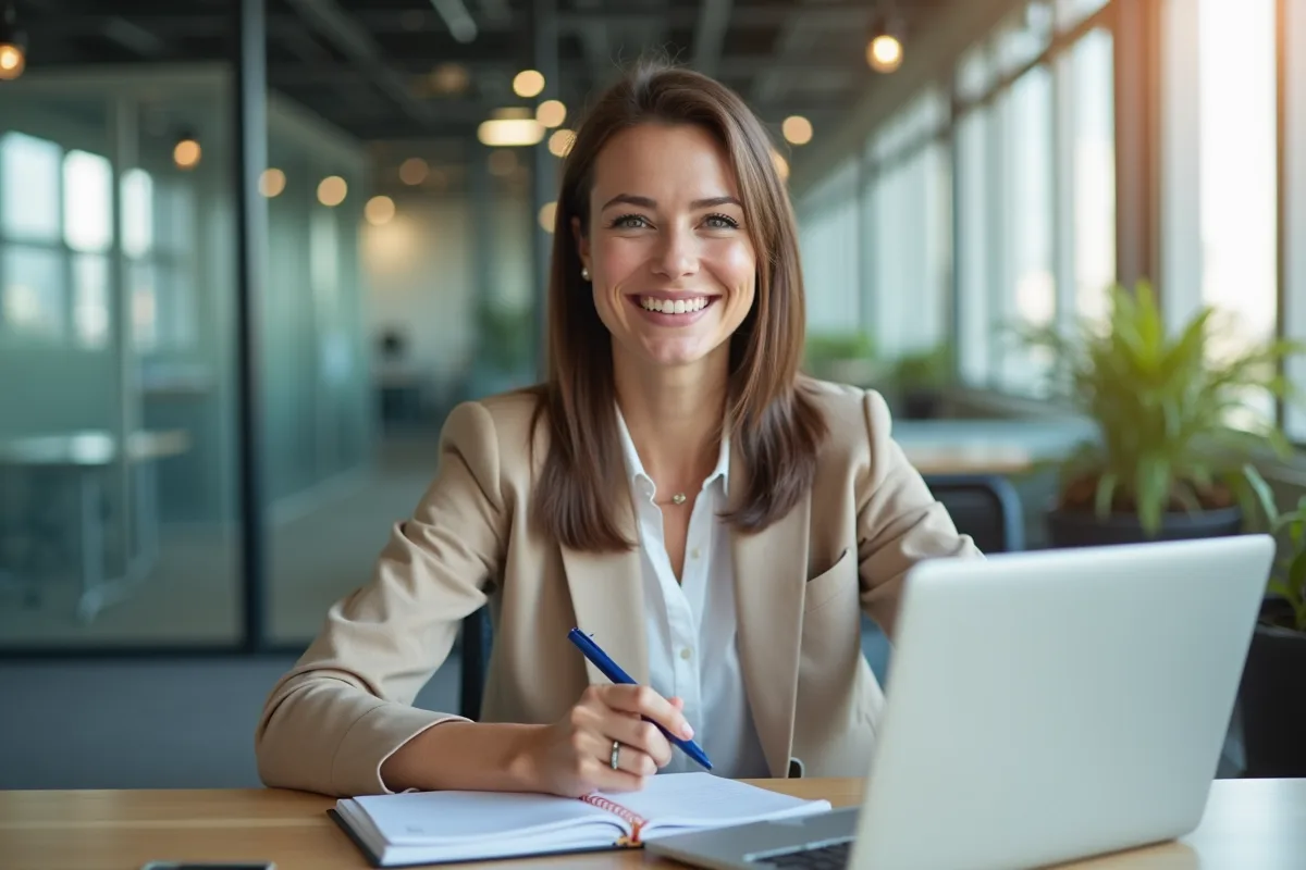 Femme confiante au bureau en pleine réflexion