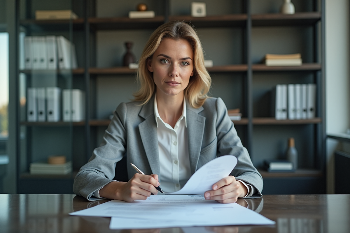 Femme d'affaires en réunion de travail avec document circulaire