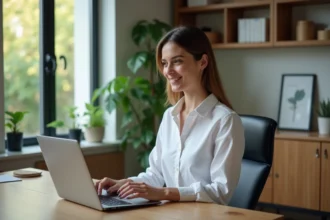 Femme en bureau à domicile souriante et détendue