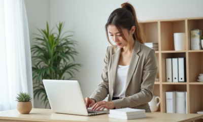 Jeune femme professionnelle arrangeant des fournitures de bureau minimalistes
