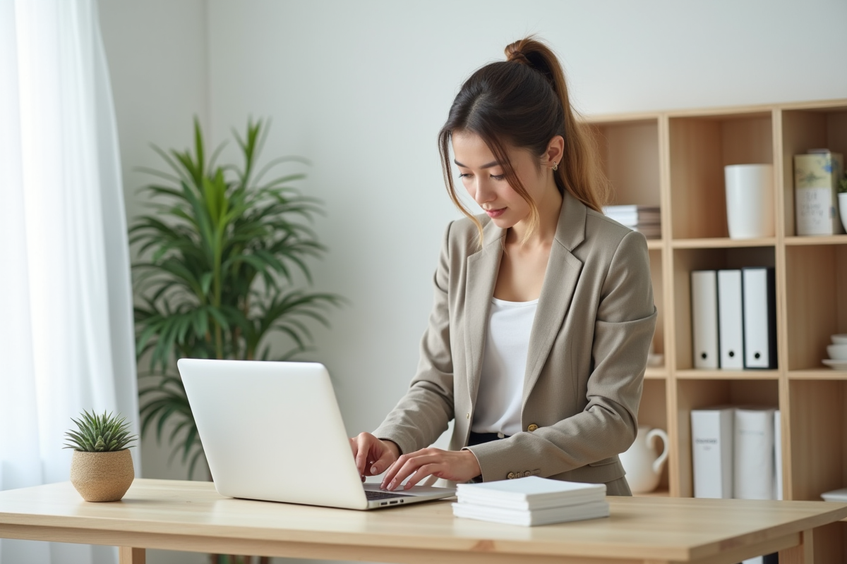 Jeune femme professionnelle arrangeant des fournitures de bureau minimalistes