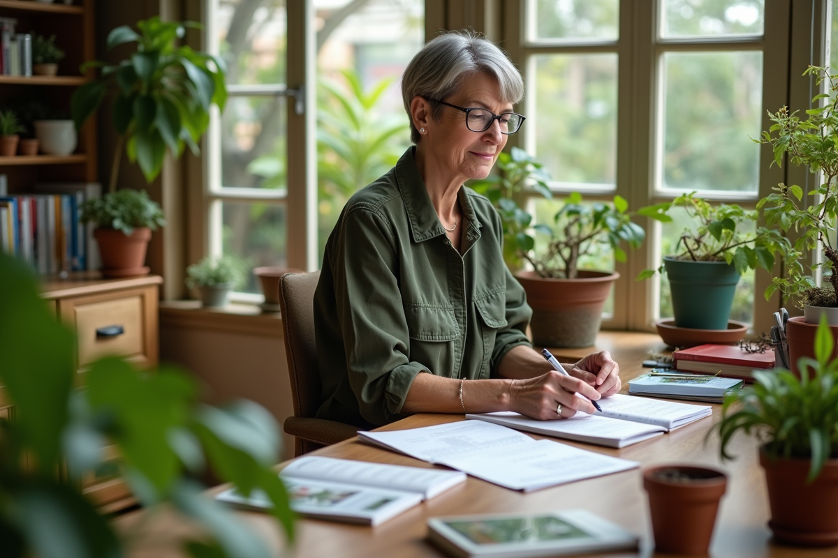 Femme au bureau avec plantes et livres de jardinage