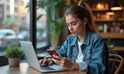 Femme analysant ses réseaux sociaux dans un café moderne