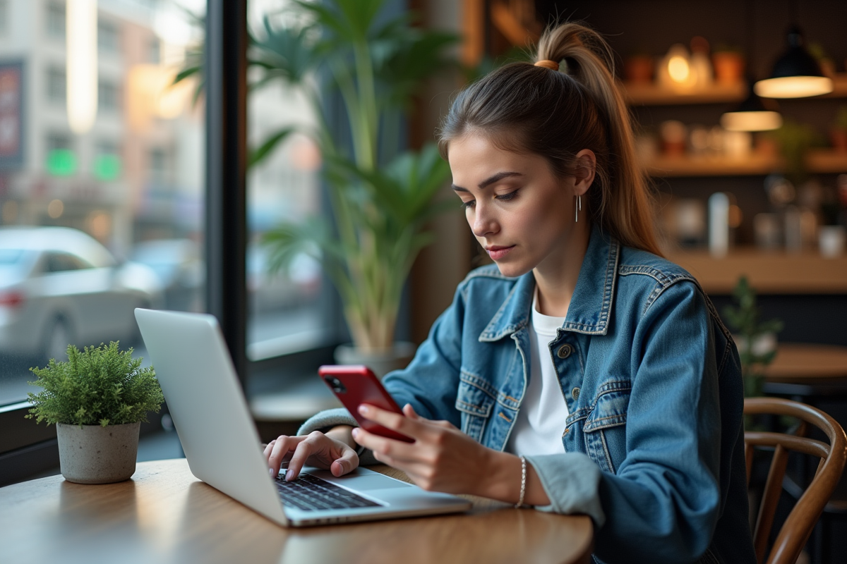 Femme analysant ses réseaux sociaux dans un café moderne