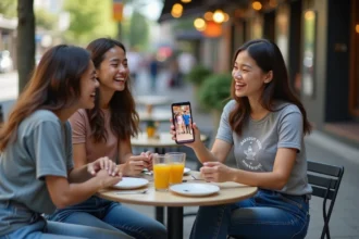 Jeune femme au café montrant son smartphone avec ad viral
