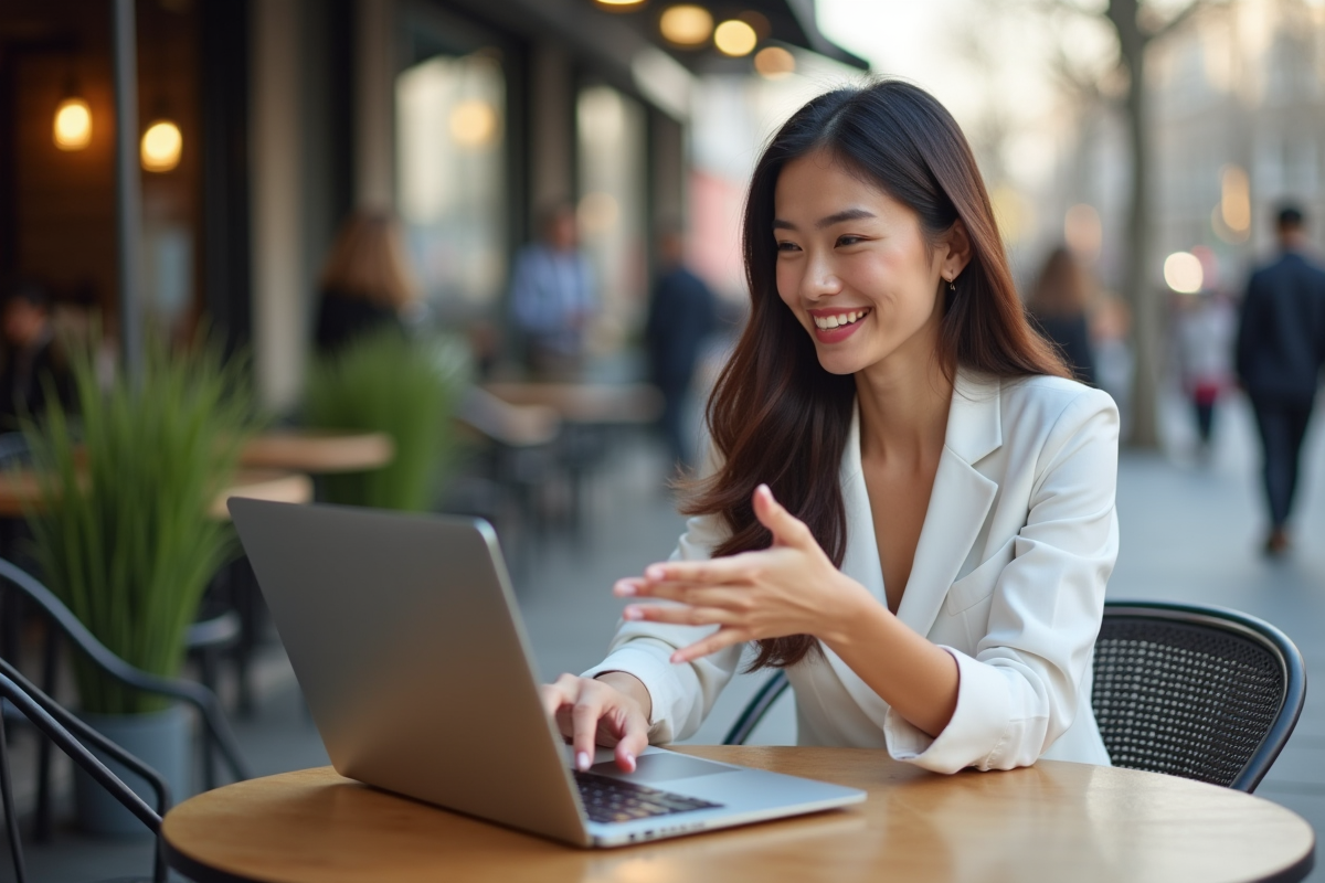 Jeune femme en visioconference dans un café urbain
