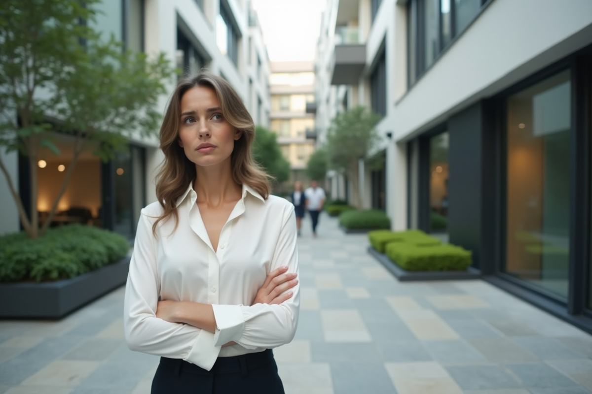 Femme contemplative dans une cour extérieure près d un bâtiment moderne