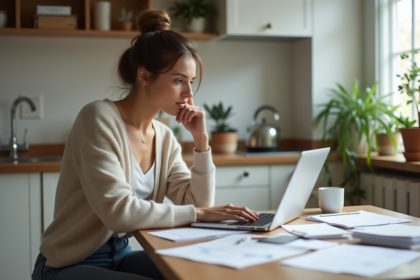 Jeune femme travaillant sur un ordinateur dans une cuisine lumineuse