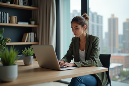 Jeune femme confiante analysant des graphiques crypto dans son bureau
