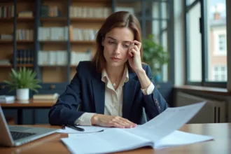 Femme professionnelle examine le code du travail dans un bureau lumineux