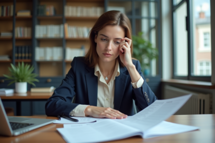 Femme professionnelle examine le code du travail dans un bureau lumineux