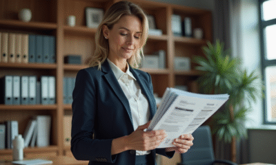 Femme d affaires examinant un certificat EUR1 dans un bureau moderne