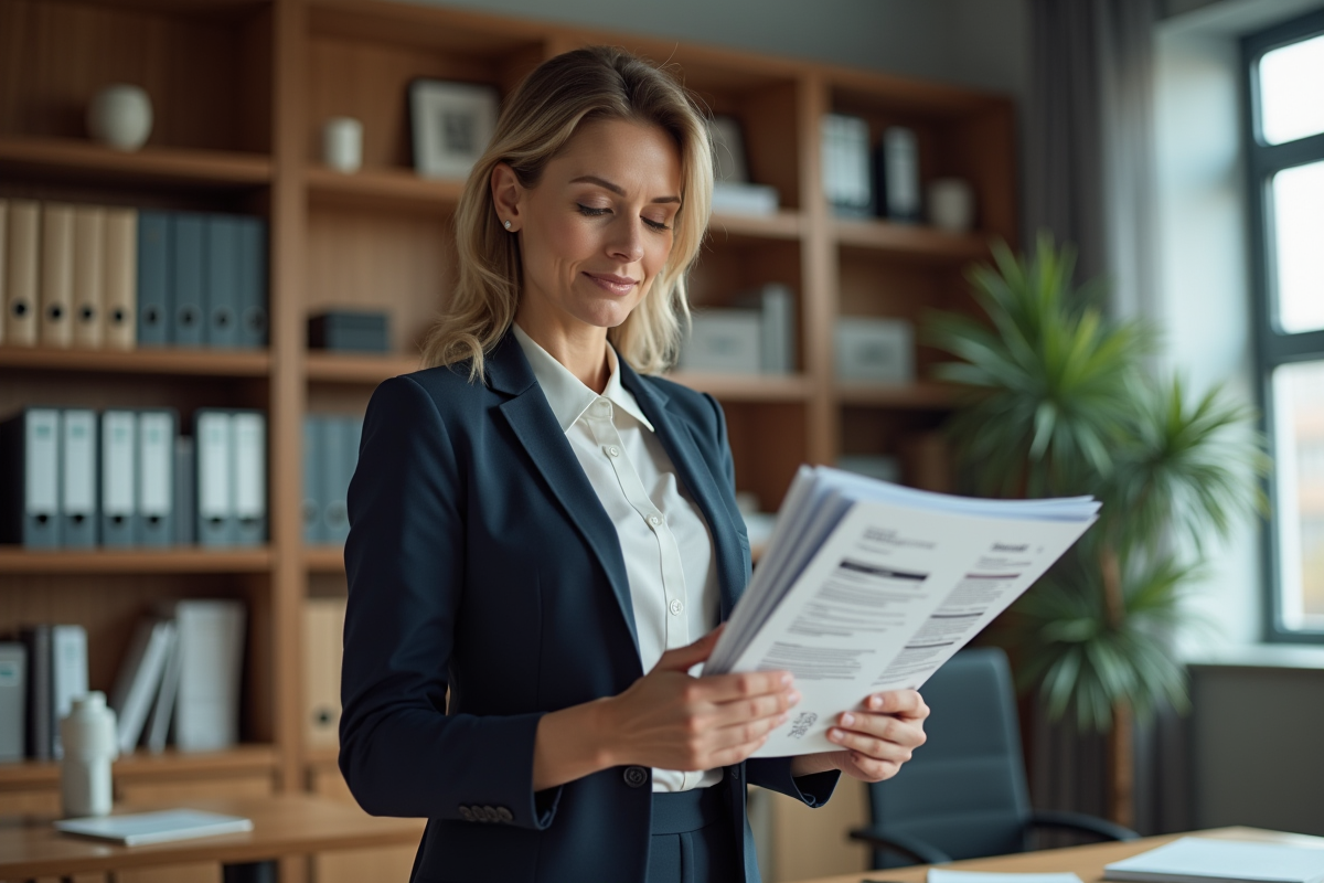 Femme d affaires examinant un certificat EUR1 dans un bureau moderne