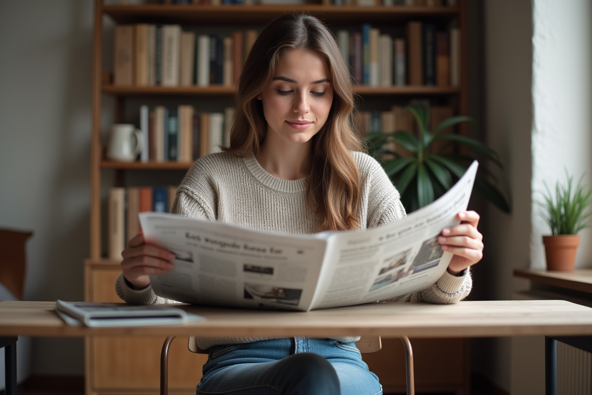 Jeune femme lisant un journal dans un espace de travail intérieur