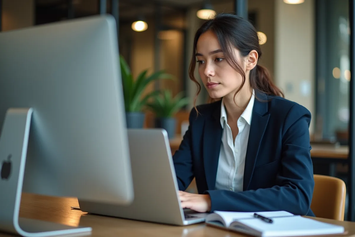 Jeune femme marketing analysant des graphiques sur ordinateur