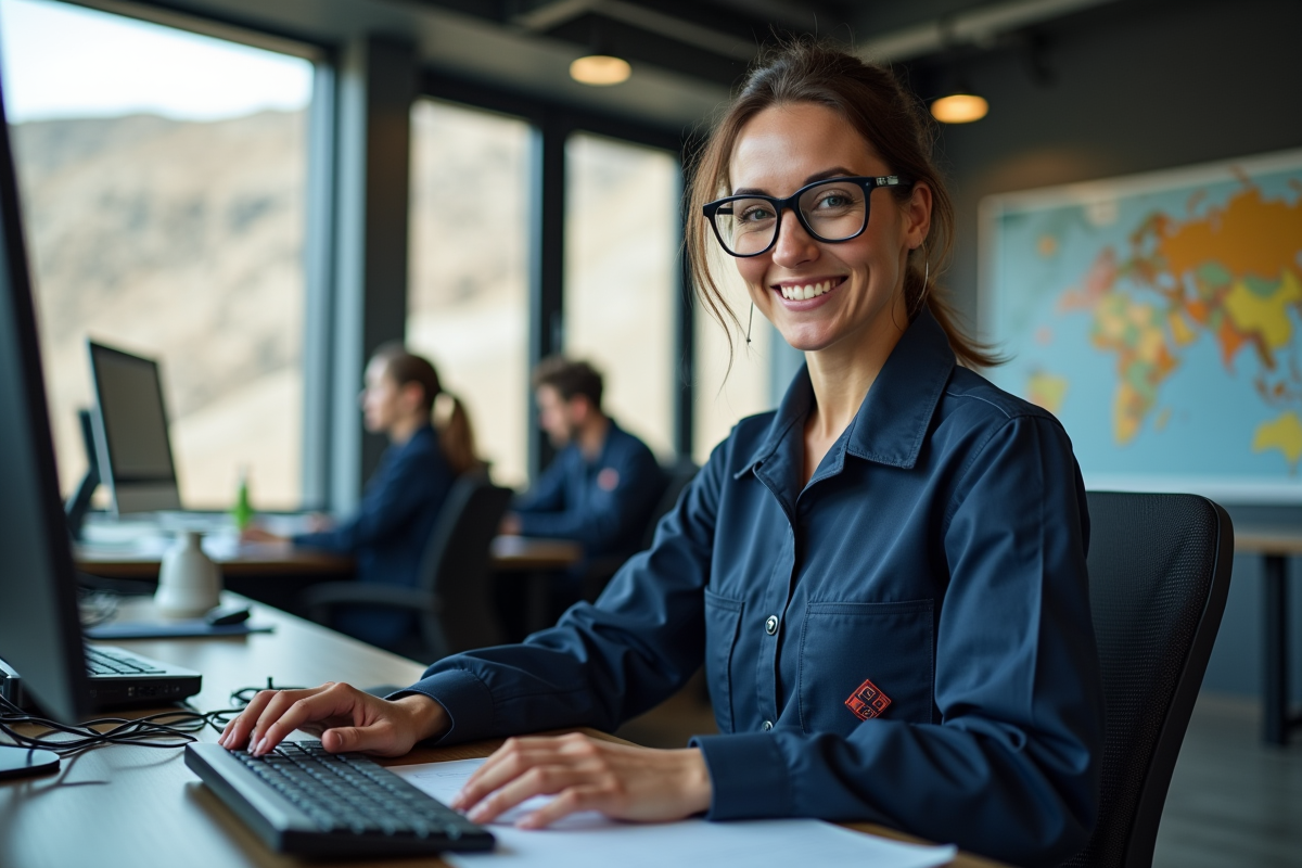 Femme en uniforme de mineuse travaillant sur ordinateur
