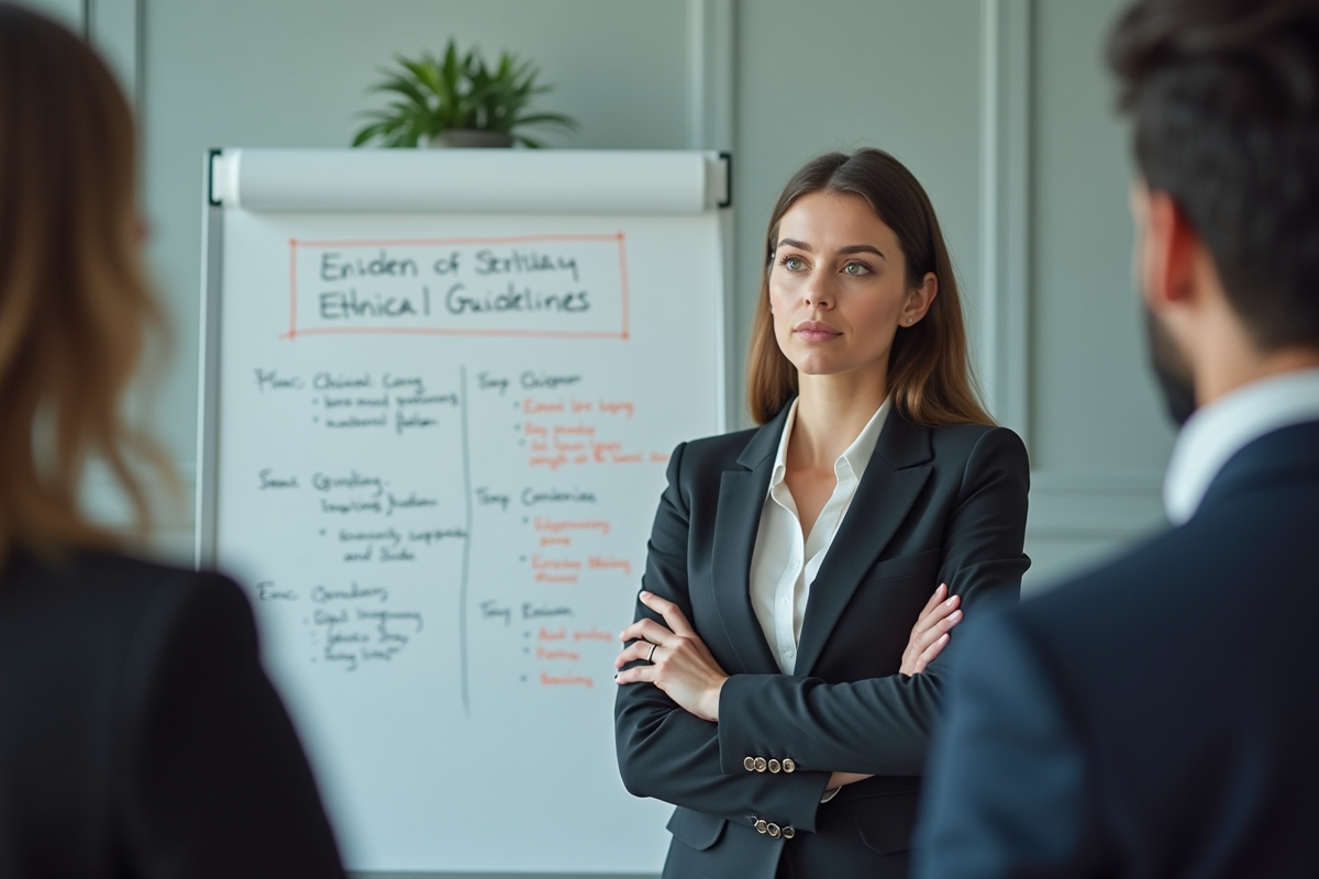 Femme confiante présentant des consignes éthiques en réunion